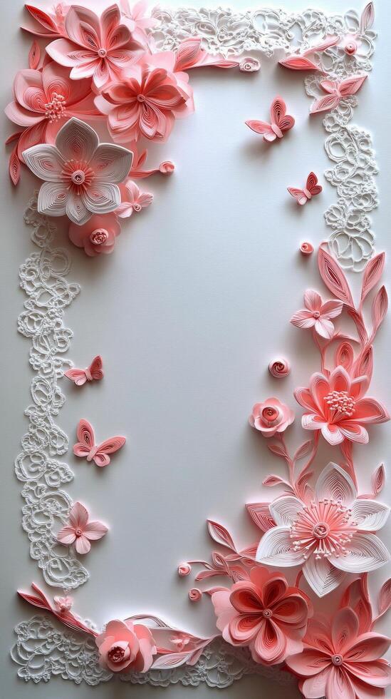 Elegant pink floral frame crafted with intricate paper art for decoration or invitations photo