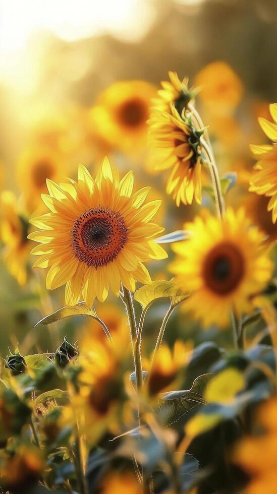 Golden flowers bloom in a serene field at dusk with soft glowing light photo
