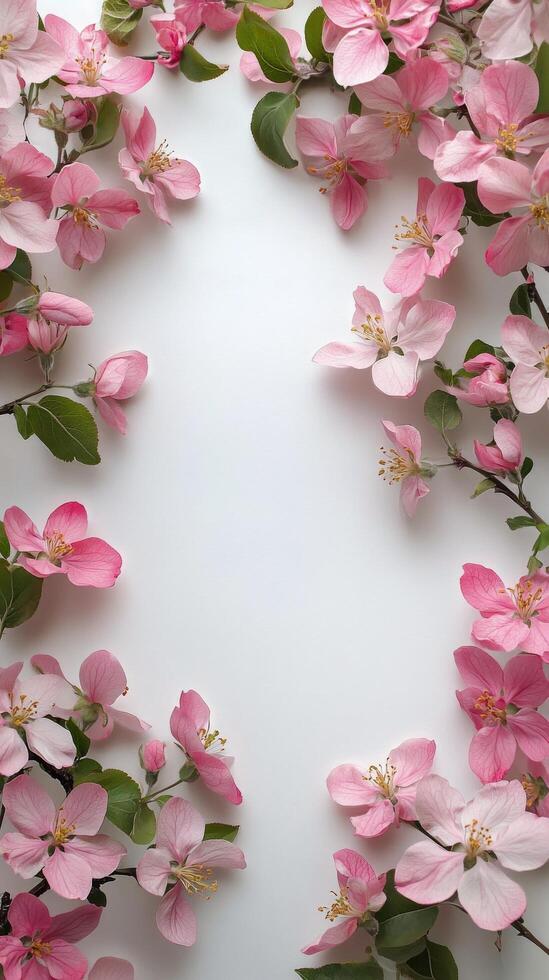 Delicate pink blossoms frame a blank space for text on a bright spring day photo