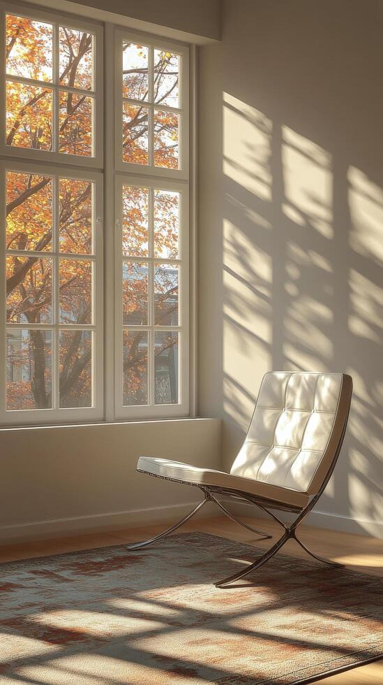 Cozy corner with modern chair and autumn light streaming through large windows photo