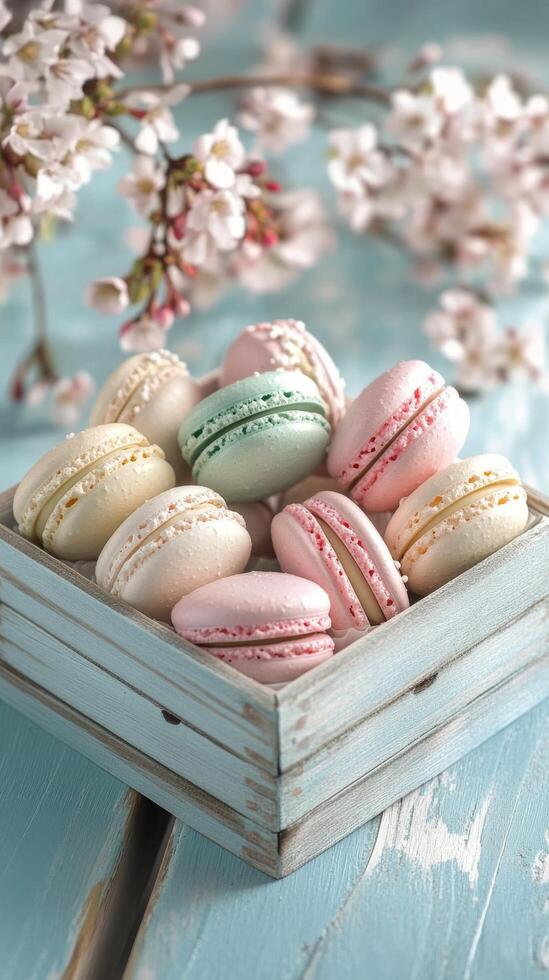 Freshly made colorful macarons arranged neatly in a decorative box on a wooden table photo