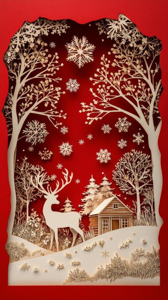 A serene red winter landscape featuring a deer and snowy houses under a starry sky photo