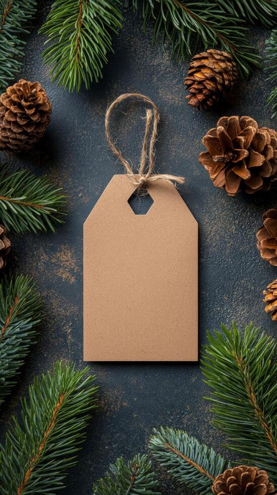 Blank kraft label surrounded by pine branches and cones on a dark stone surface photo