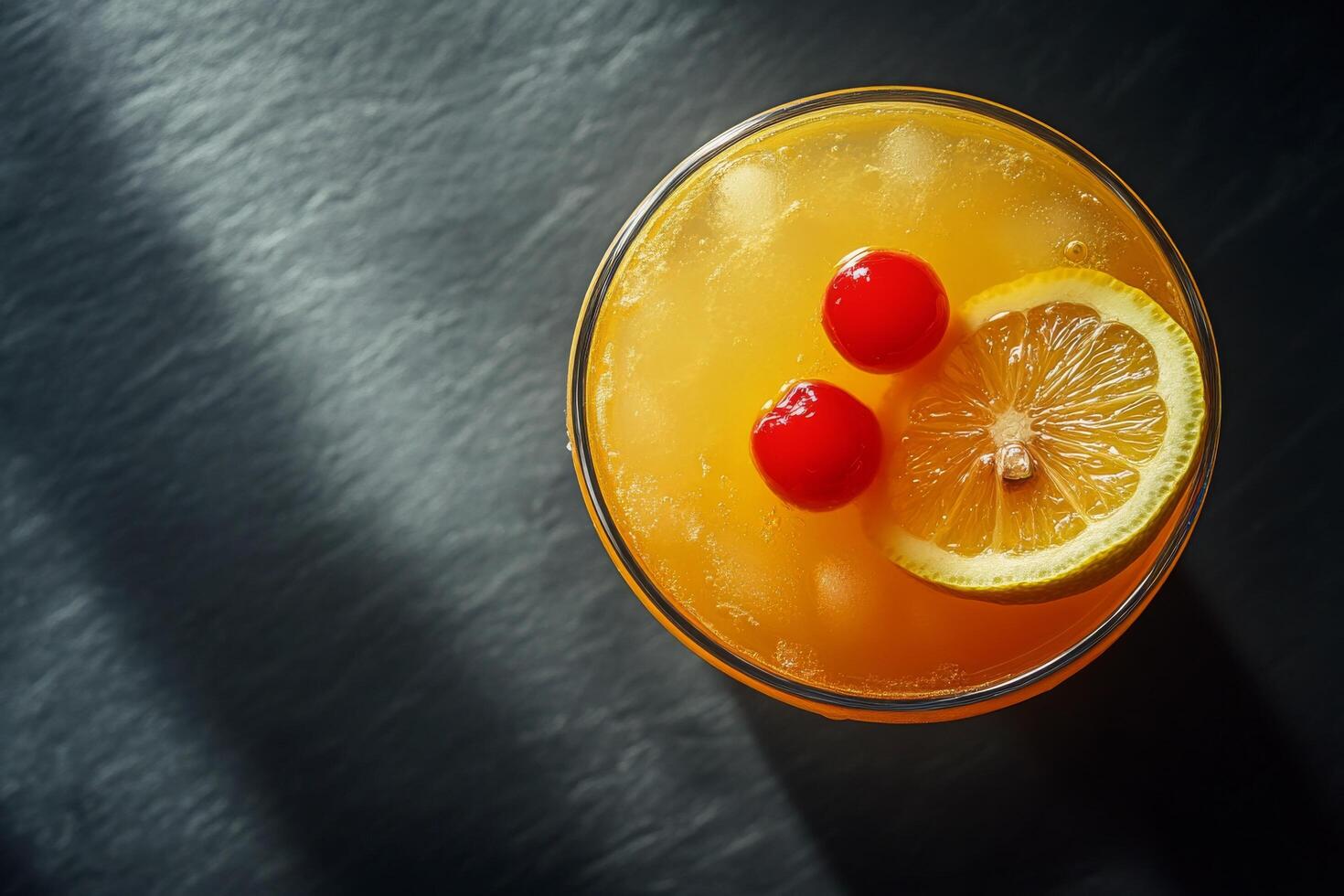 Refreshing beverage with cherries and lemon served over ice in a glass on a dark surface photo