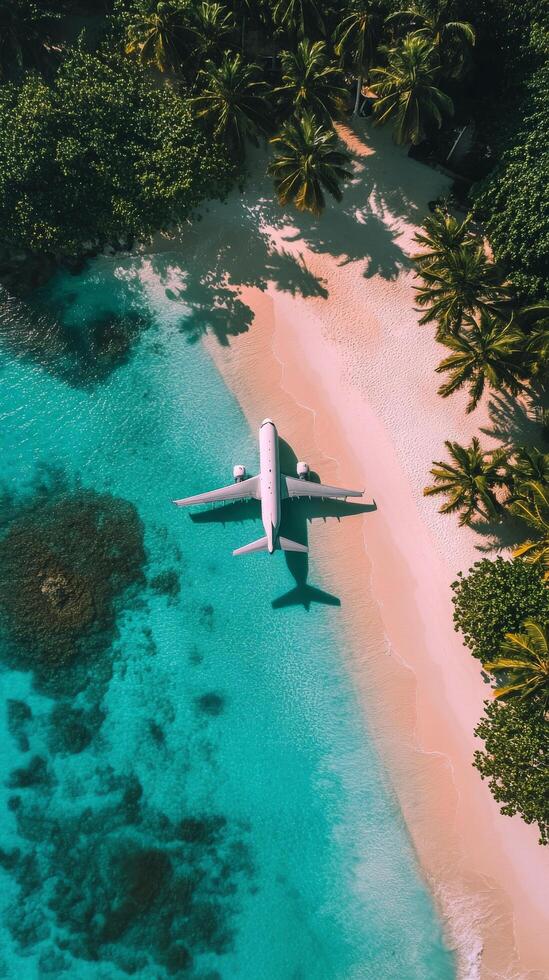 Aerial view of an airplane on a sandy beach surrounded by turquoise water and palm trees photo