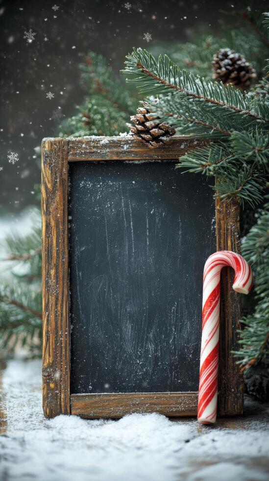 A rustic chalkboard adorned with a candy cane and snow during winter festivities outdoors photo