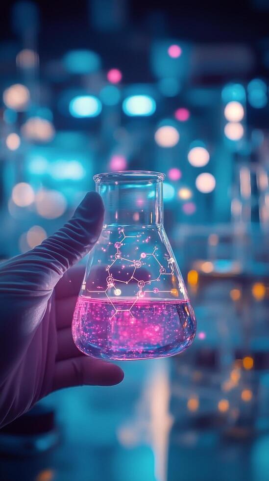 A hand holding a clear glass beaker filled with water and bubbles in a laboratory setting photo
