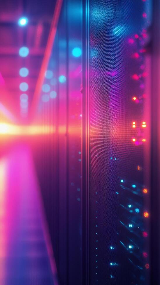 A vibrant display of colorful lights illuminating a data center corridor at night photo