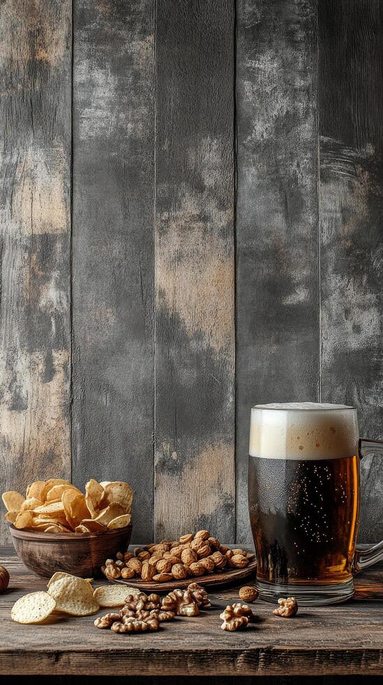 A refreshing beverage with snacks arranged on a wooden surface in a cozy setting photo