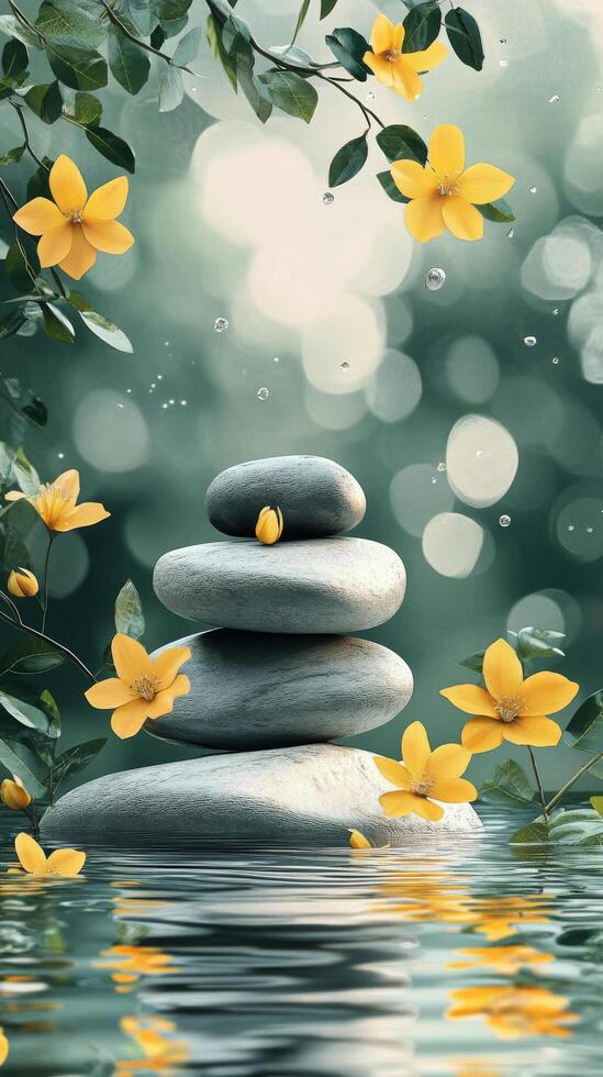 Tranquil stone stack adorned with vibrant yellow flowers beside a serene water surface photo