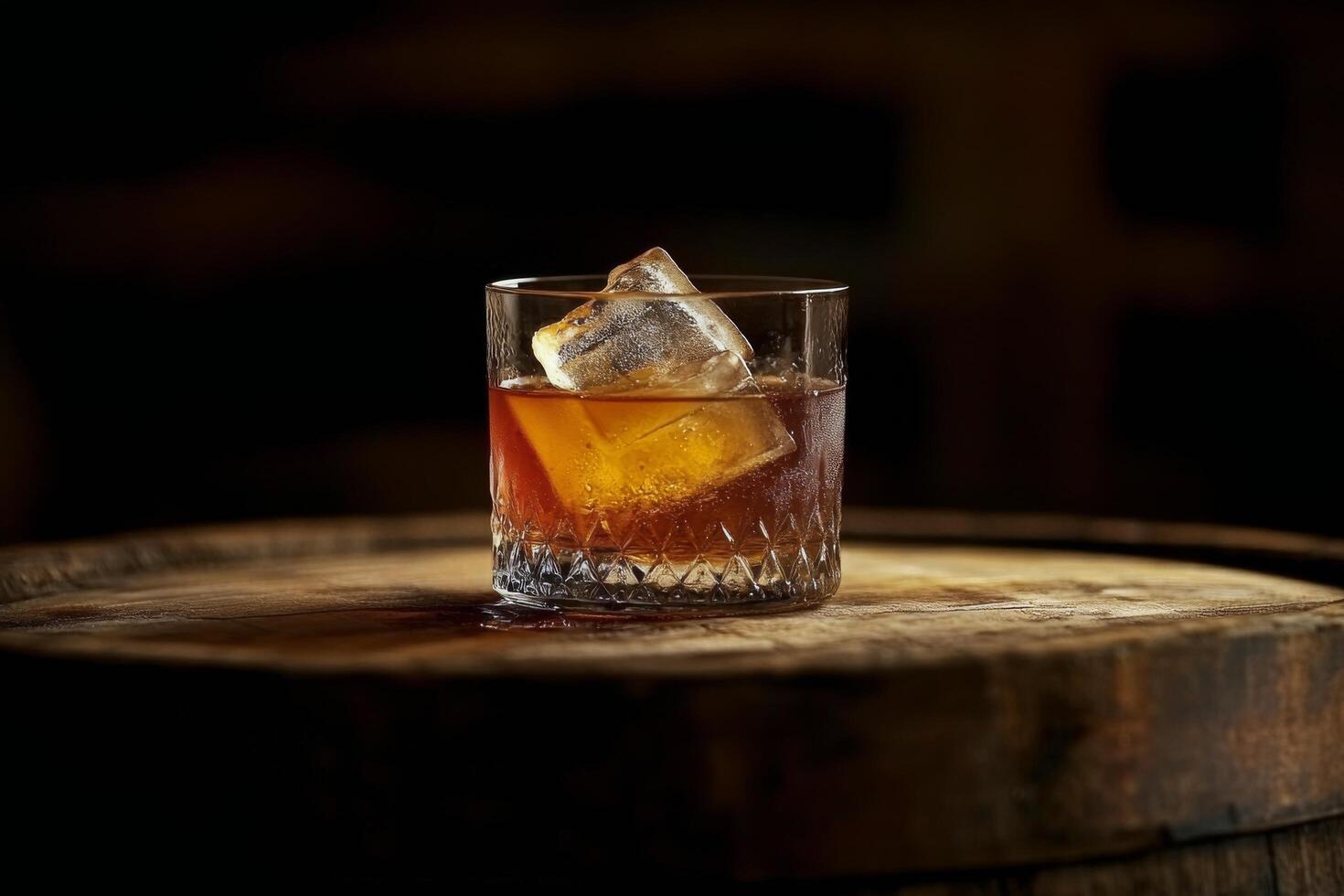 A glass of whiskey with ice resting on a wooden barrel in a warm, dimly lit environment photo