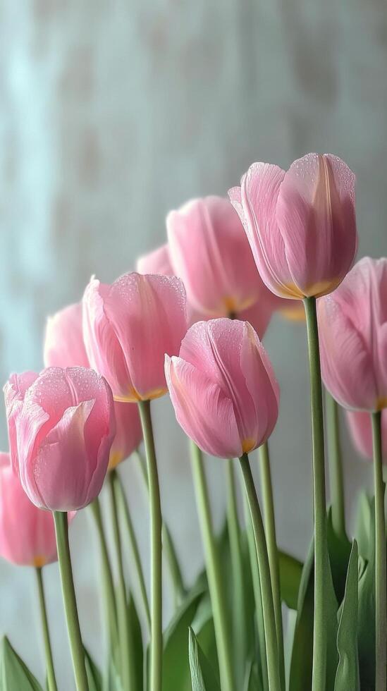 Delicate pink tulips in bloom with lush green leaves in a serene indoor setting during springtime photo