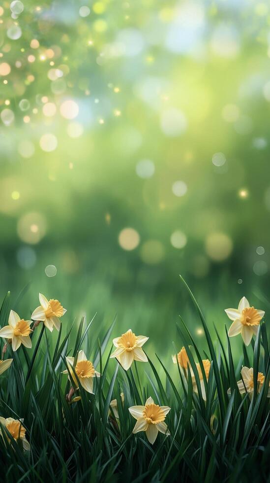 Daffodils blooming in a serene green field during springtime in soft morning light photo