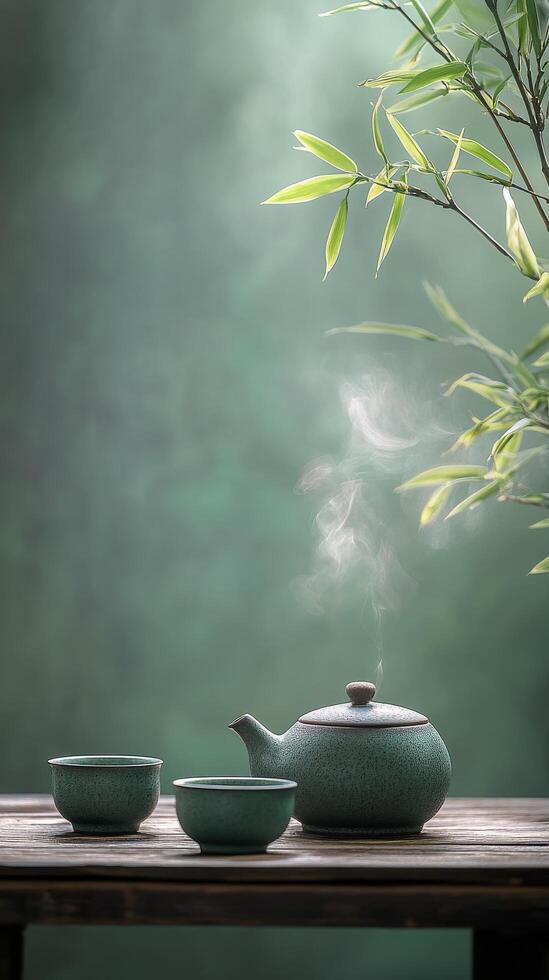A tranquil tea set with steam rising amidst lush bamboo in a serene morning atmosphere photo