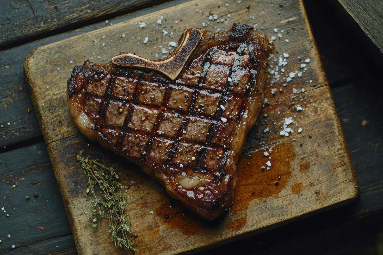 Juicy grilled steak resting on a wooden board with herbs at a rustic setting in the evening photo