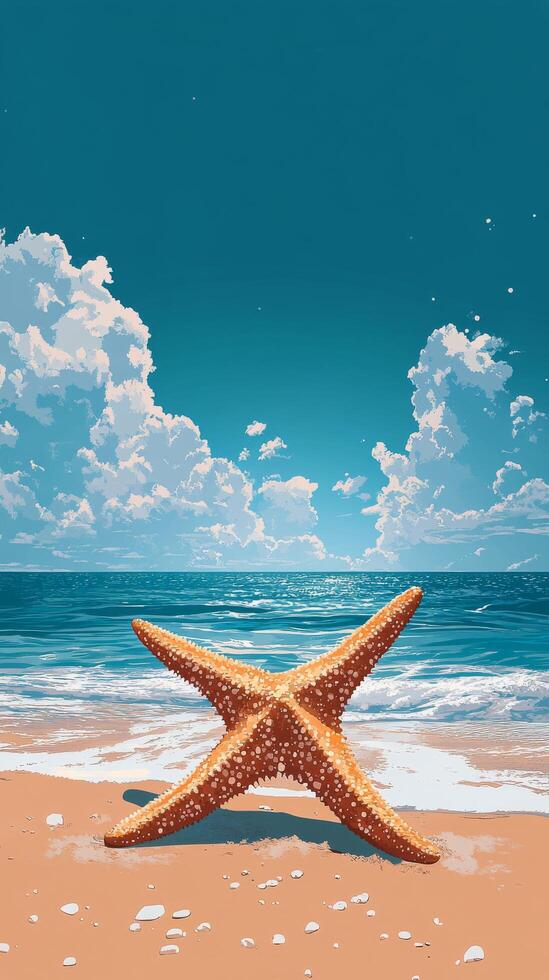 A large starfish rests on the sandy beach with vibrant blue ocean and fluffy white clouds photo