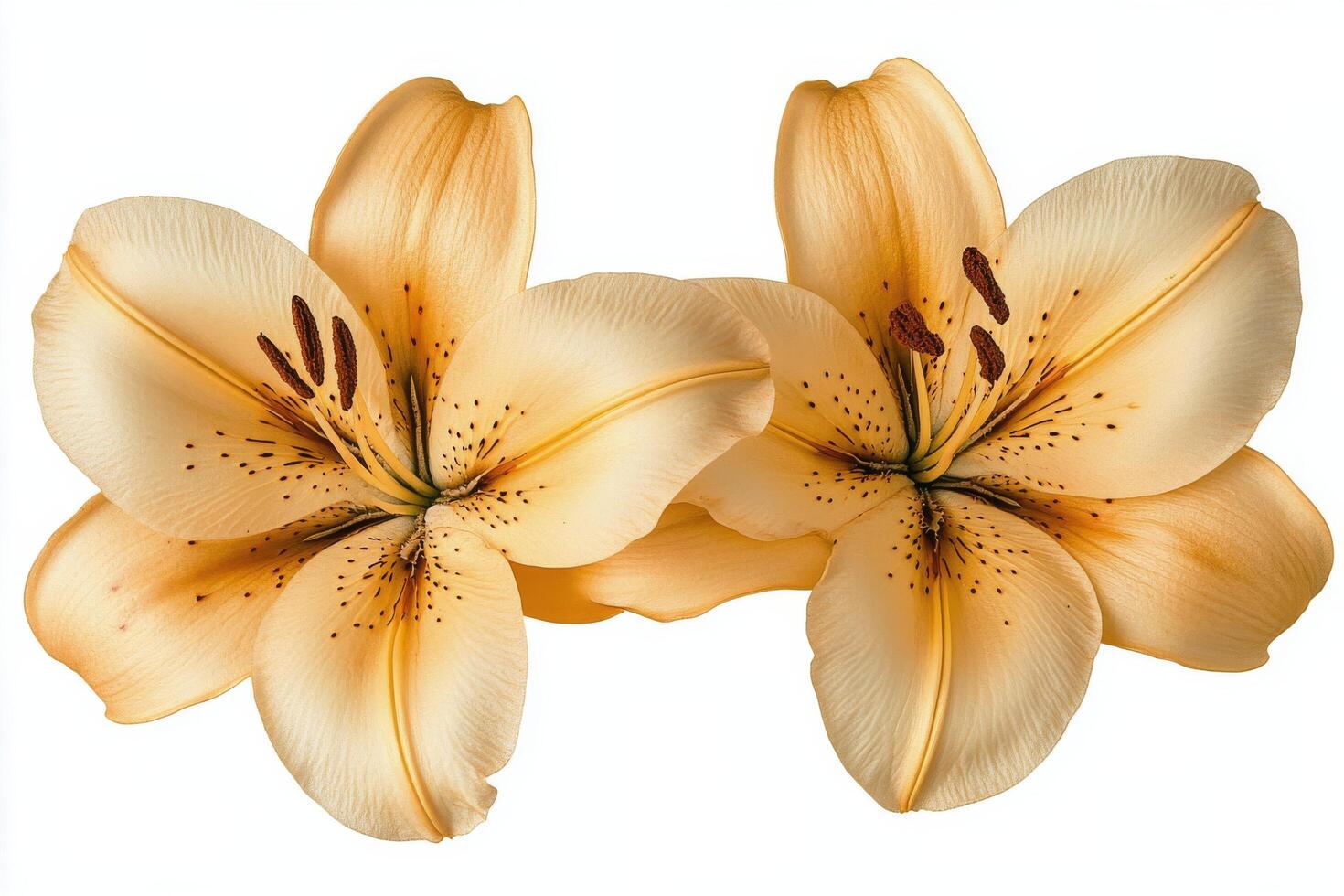 Yellow lilies in full bloom with dew drops against a white background showcasing natural beauty photo