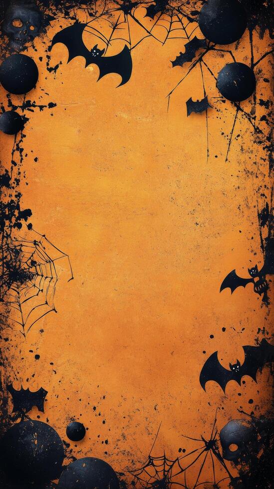 Spooky Halloween decorations featuring bats, skulls, and spider webs on an orange background photo