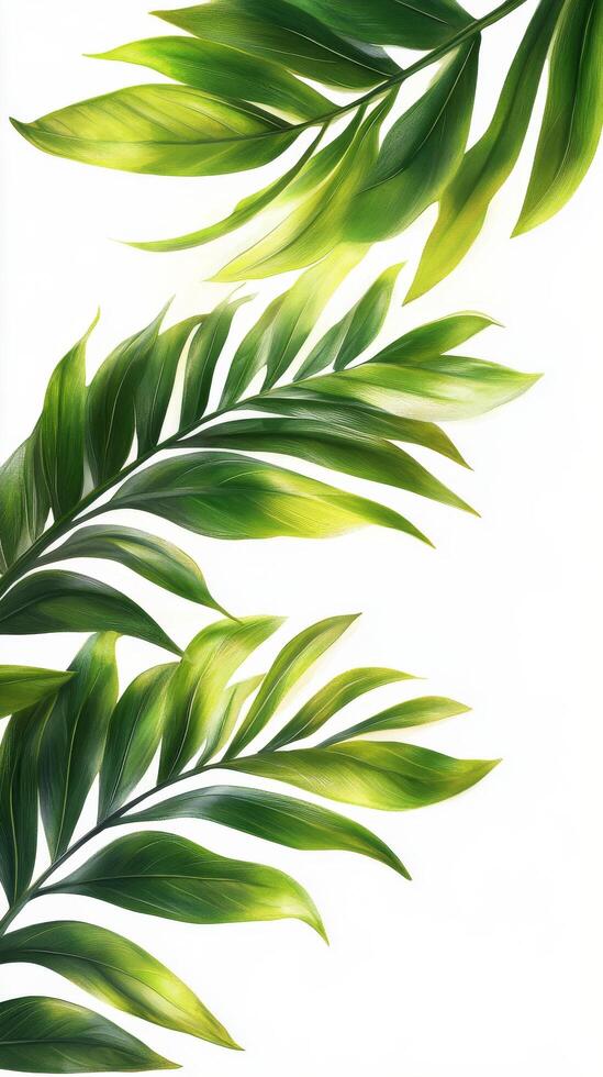 Lush green leaves gracefully cascading against a clean white background in bright daylight photo