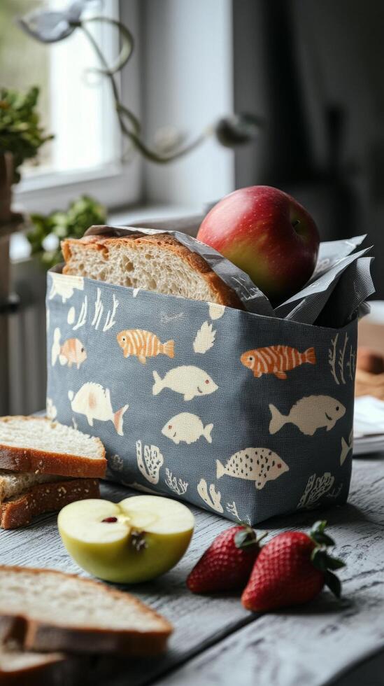 Freshly baked bread and apples displayed in a decorative basket on a rustic table photo