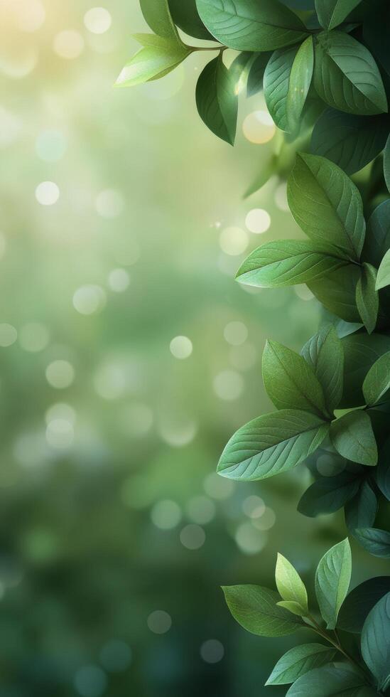 Green leaves with water droplets illuminated by soft sunlight in a serene natural setting photo