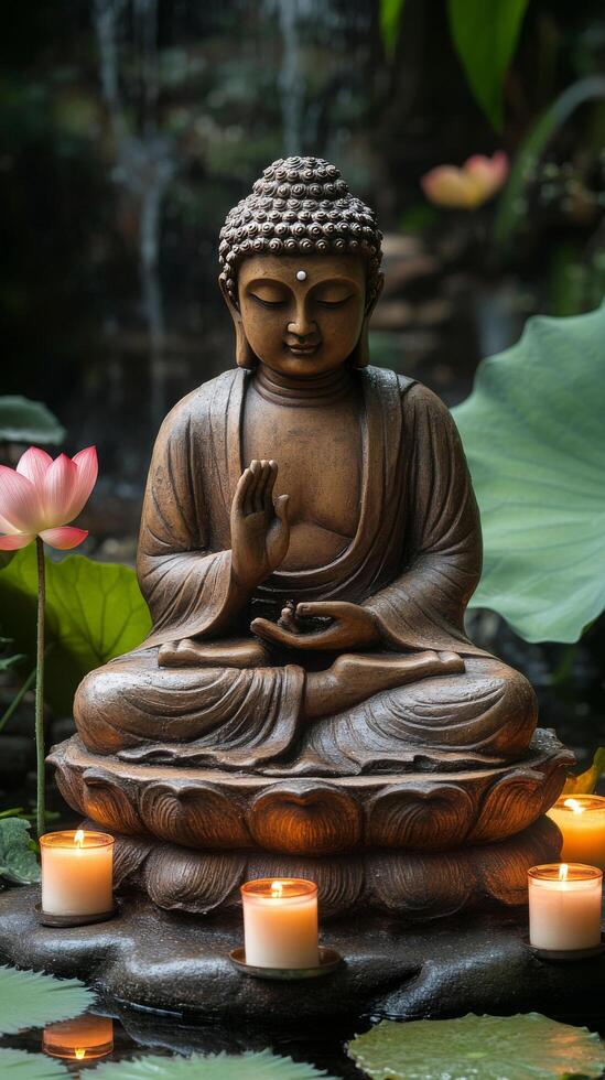 A serene wooden Buddha statue surrounded by candles and lotus flowers in a tranquil garden photo