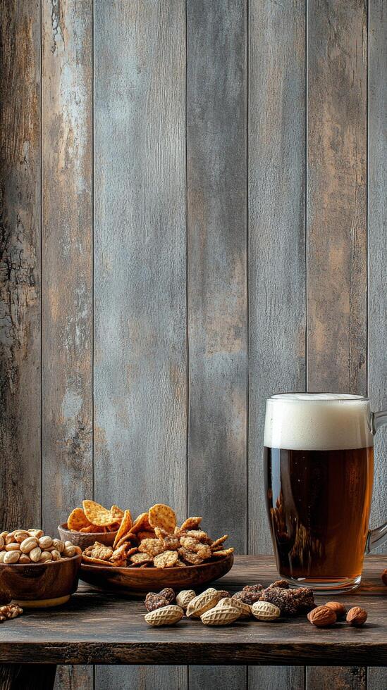 A refreshing beverage with snacks arranged on a wooden surface in a cozy setting photo