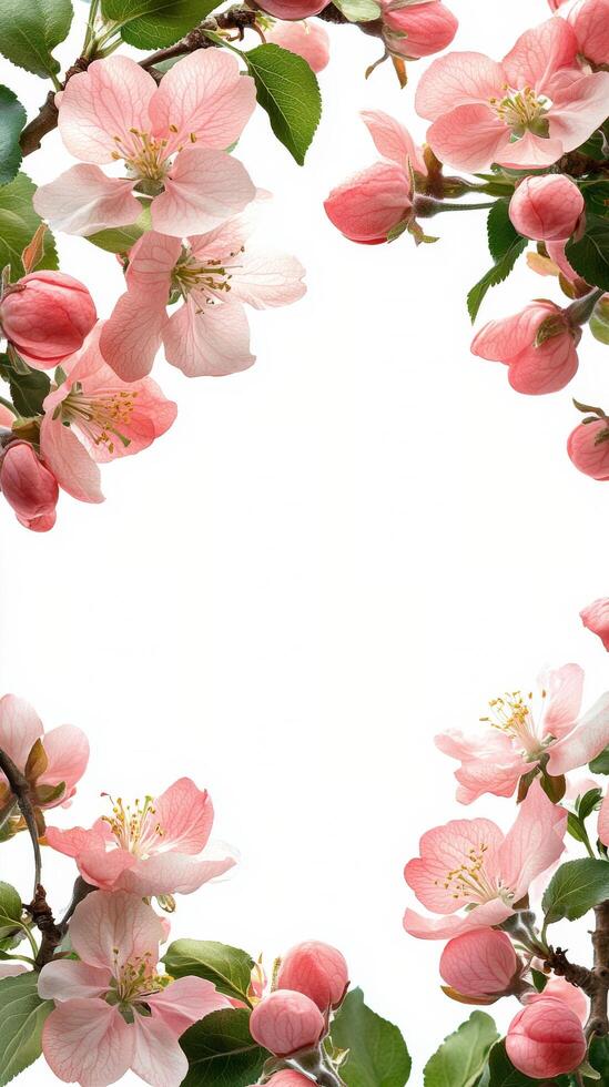 Delicate pink blossoms frame a blank space for text on a bright spring day photo