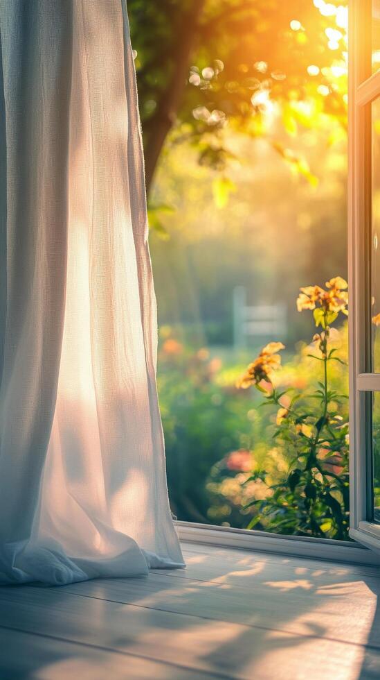 Sunlight streaming through a window onto a wooden floor in a serene garden setting photo
