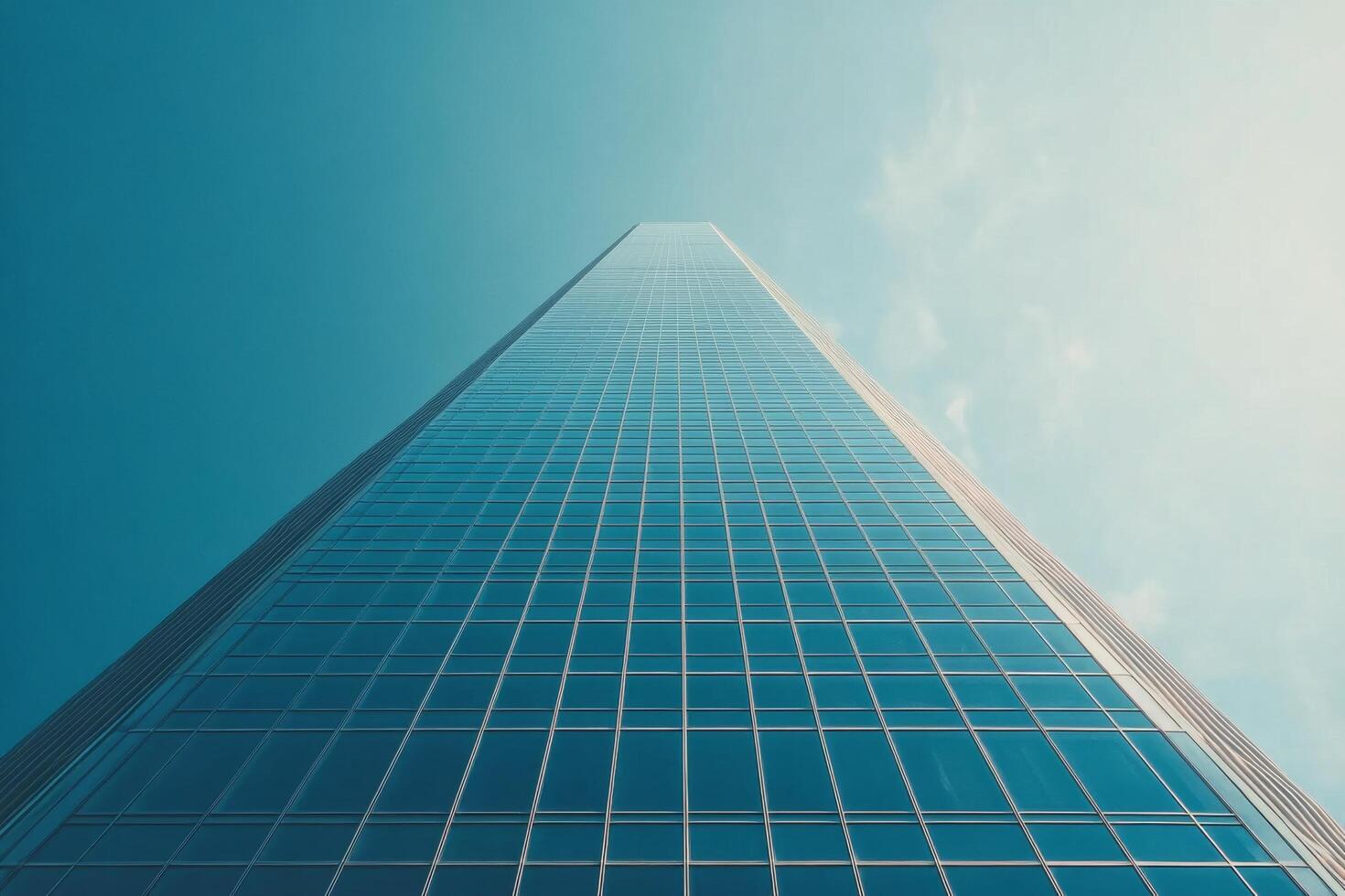 A towering skyscraper rises against a clouded sky in an urban landscape during daylight hours photo