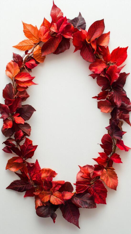 Colorful autumn leaves arranged in an oval shape on a light background for seasonal decoration photo