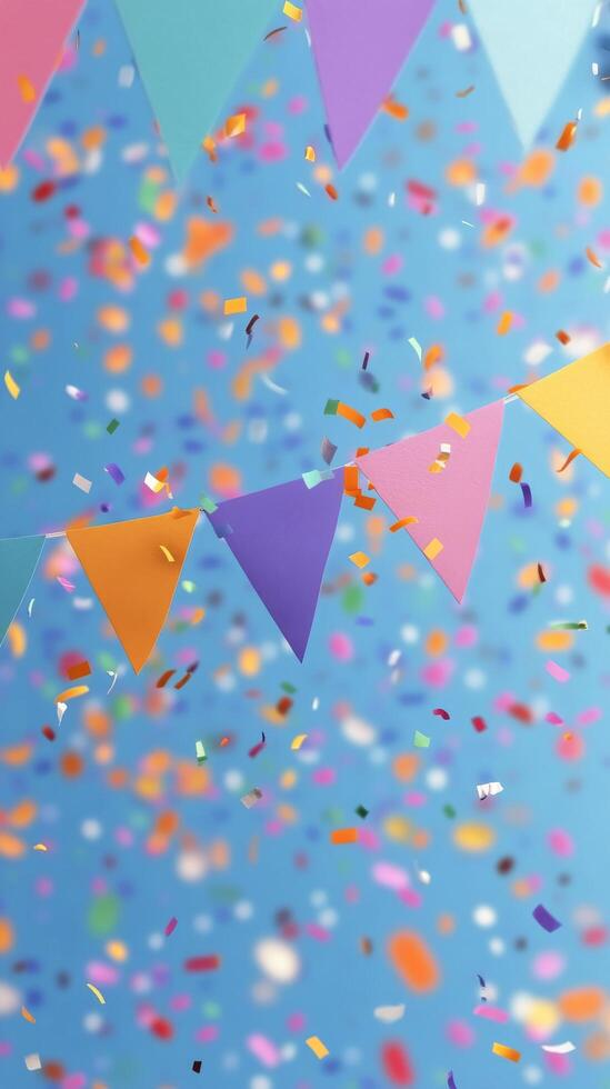 Colorful party decorations and confetti create a festive atmosphere on a clear blue day photo