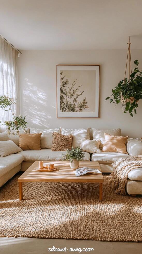 Cozy living room with natural light and indoor plants in a serene setting photo
