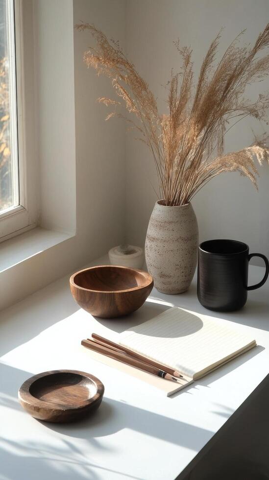 Cozy dining setup with wooden tableware and decorative vase in sunlit kitchen photo