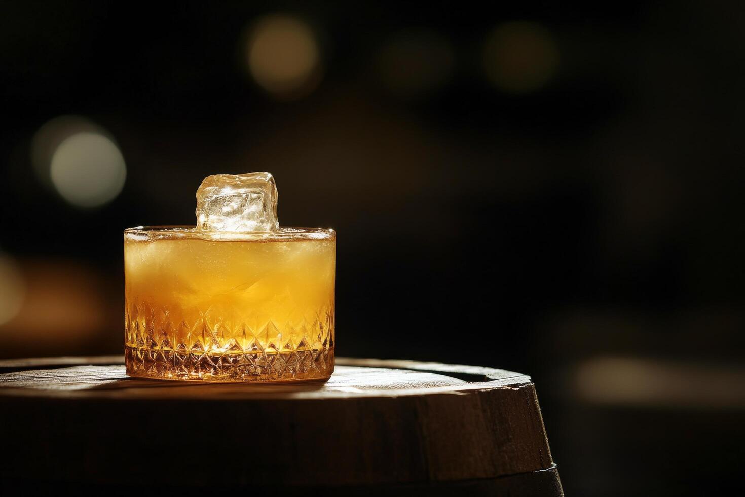 A glass of whiskey with ice resting on a wooden barrel in a warm, dimly lit environment photo