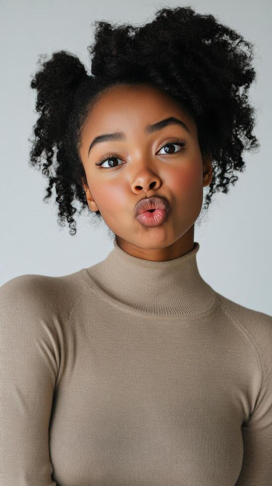 Young woman with curly hair making a playful expression against a simple background photo