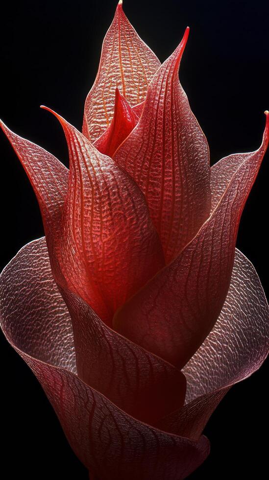 A striking red flower with intricate textures emerging from dark surroundings in a close up view photo