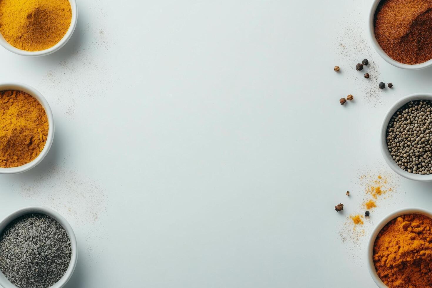 Colorful arrangement of various spices and herbs on a white surface with empty space for text photo