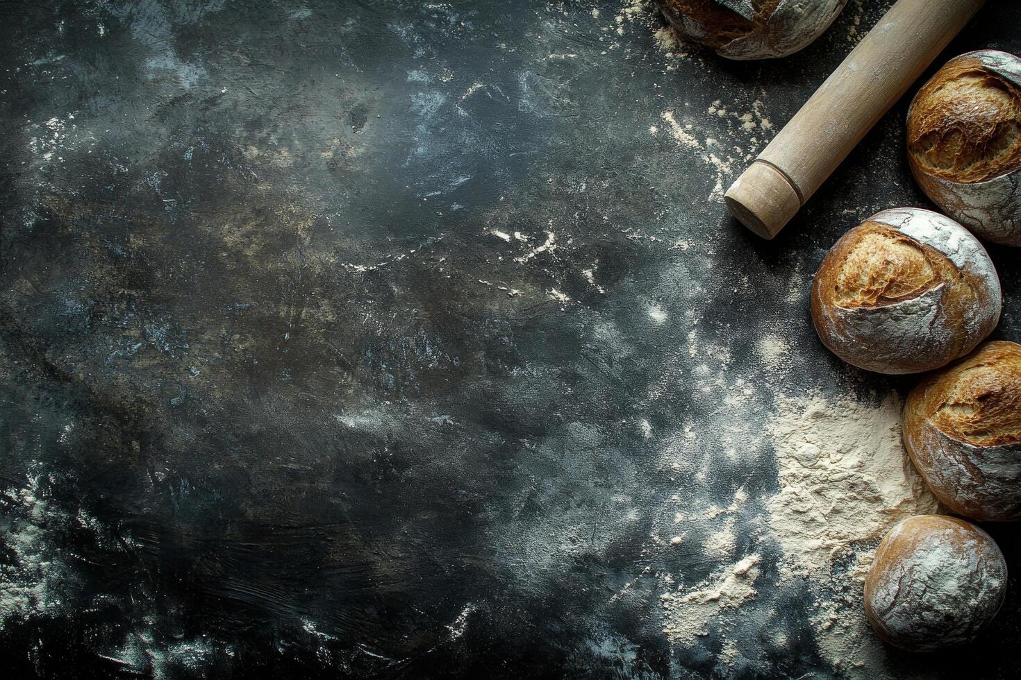 Freshly baked bread and kitchen tools on a dark countertop ready for baking at home photo