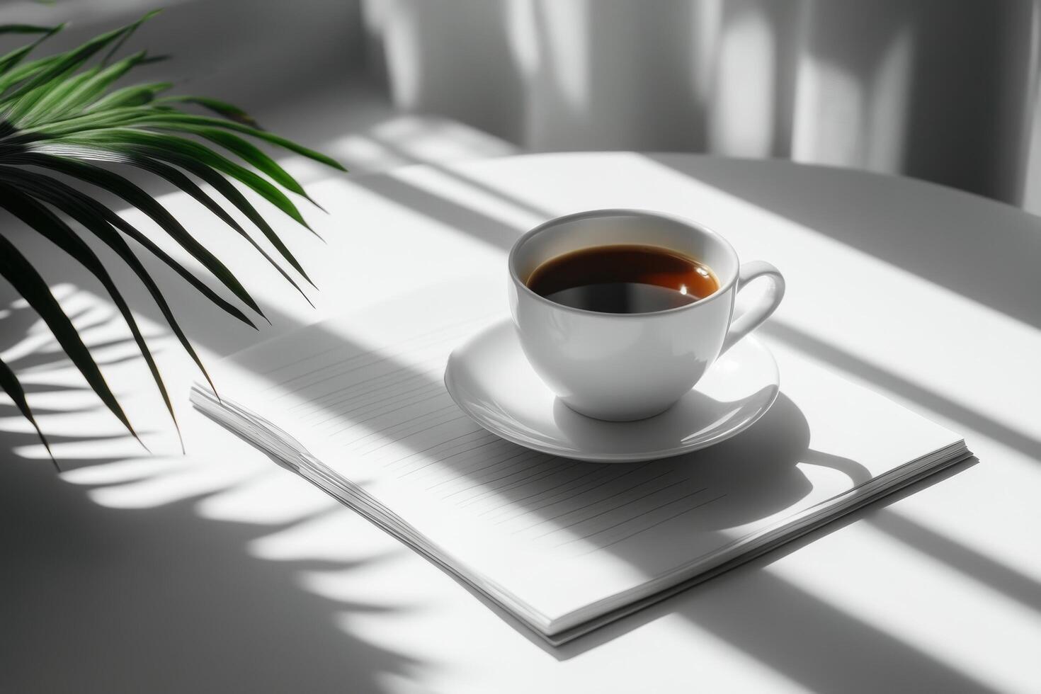 A white coffee cup sits on a small table next to a notepad in soft morning light photo