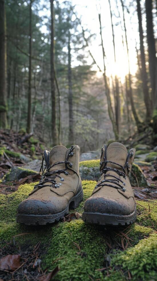 Person relaxing with hiking boots on soft moss under trees in a tranquil forest setting photo