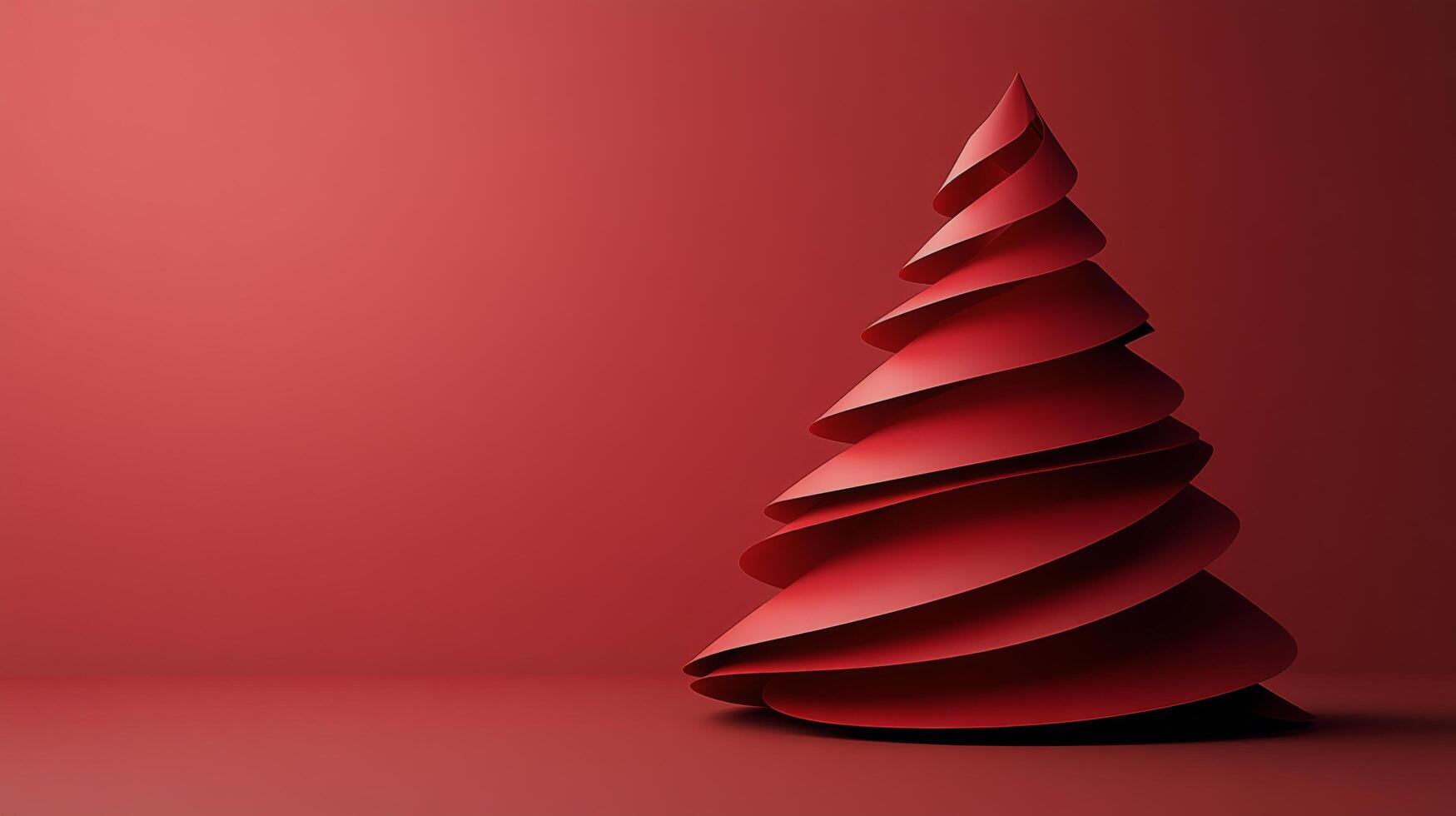 Red ribbon Christmas tree decoration on a solid red background for holiday celebrations photo