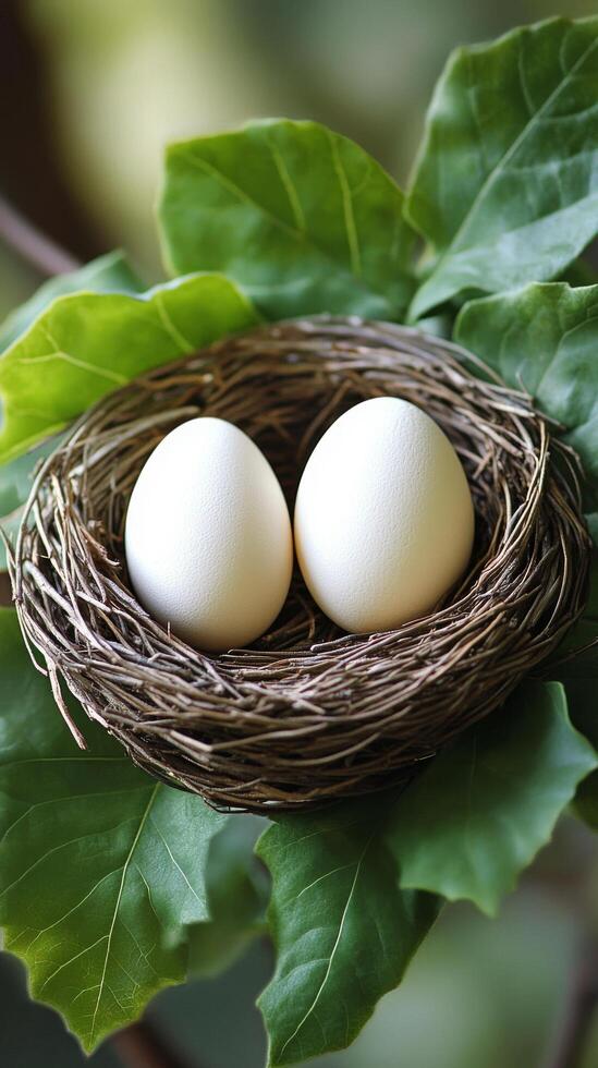 A nest containing three white eggs surrounded by vibrant green leaves in natural setting photo