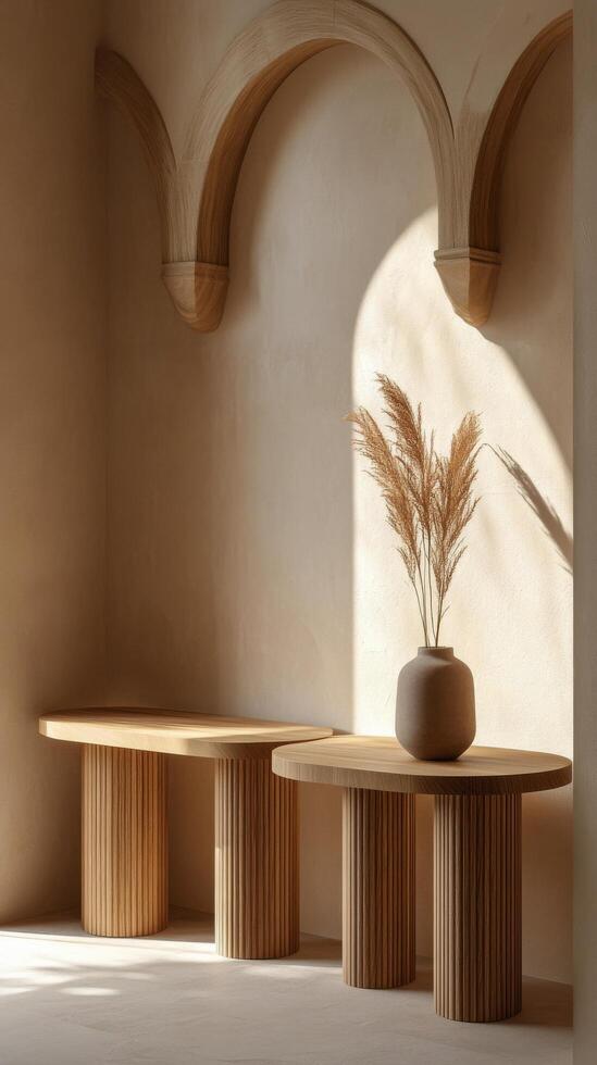 Elegant wooden bowls on textured pedestals in a warm, minimalistic interior design setting photo