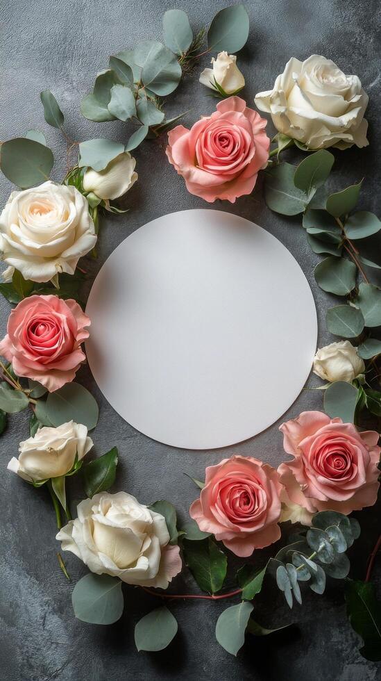 A circular arrangement of pastel roses and eucalyptus leaves on a textured gray surface photo