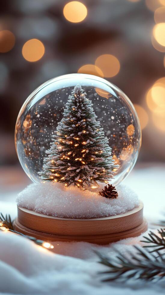 A snow globe featuring a miniature tree surrounded by winter decorations on a festive table photo