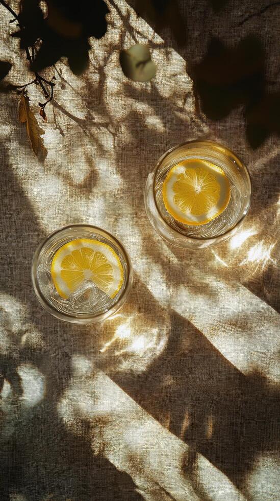 Refreshing glasses of lemonade with lemon slices and shadows from leaves on a bright surface photo