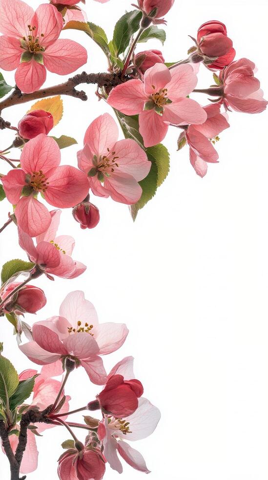 Delicate pink blossoms frame a blank space for text on a bright spring day photo