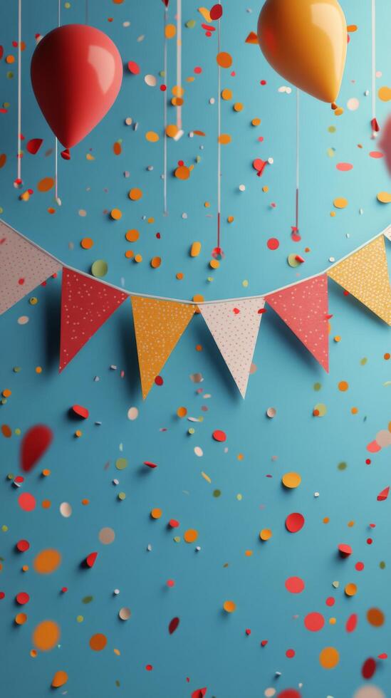 Colorful party decorations and confetti create a festive atmosphere on a clear blue day photo