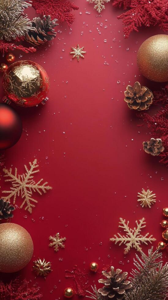 Festive holiday decorations featuring red and gold ornaments and snowflakes on a vibrant background photo